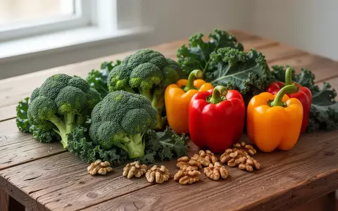 Frisches, gesundes Gemüse und Nüsse auf einem rustikalen Holztisch als Symbol für eine gesunde Ernährung. - Foto: über boerse-global.de