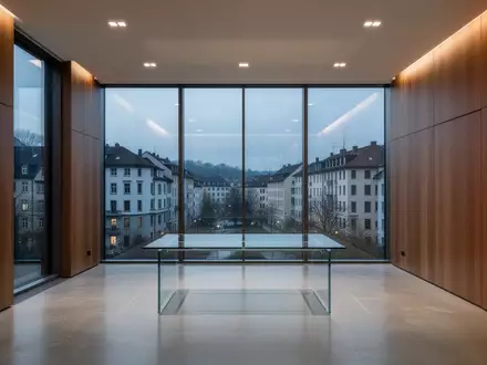 Ein minimalistisch eingerichteter, moderner BĂŒroraum mit groĂen Glasfronten und schlichter Architektur in der AbenddĂ€mmerung. - Foto: ĂŒber boerse-global.de
