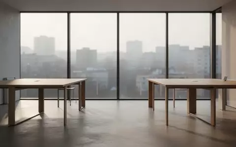 Ein minimalistischer, leerer Büroraum mit Holztischen und großen Fenstern bei natürlichem Tageslicht. - Foto: über boerse-global.de