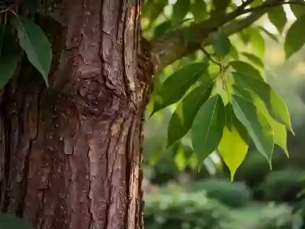 Nahaufnahme der Rinde und Blätter eines Camptotheca acuminata Baumes in natürlichem Licht. - Foto: über boerse-global.de