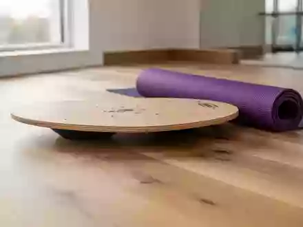 Ein minimalistisch eingerichteter Physiotherapieraum mit einer Balance-Platte und einer Yogamatte auf einem Holzboden. - Foto: über boerse-global.de