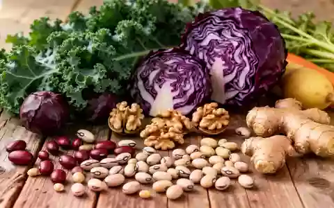 Frisches, buntes Gemüse, Nüsse und Gewürze wie Grünkohl, Rotkohl und Ingwer auf einem Holztisch. - Foto: über boerse-global.de