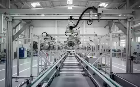 Ein moderner, heller Industriebetrieb mit einer Hängebahn für Automobilbauteile in einer weitläufigen Fabrikhalle. - Foto: über boerse-global.de