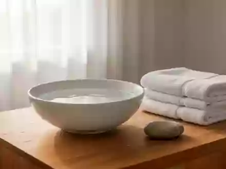 Ein minimalistischer Wellness-Raum mit einer Schale Wasser, Leinentüchern und einem glatten Stein auf einer Holzoberfläche. - Foto: über boerse-global.de