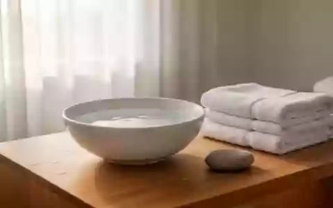Ein minimalistischer Wellness-Raum mit einer Schale Wasser, Leinentüchern und einem glatten Stein auf einer Holzoberfläche. - Foto: über boerse-global.de