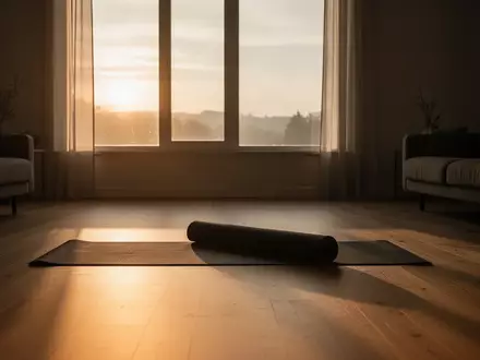 Ein sonnendurchfluteter, minimalistischer Raum am Morgen mit einer ausgerollten Yogamatte auf einem Holzboden. - Foto: über boerse-global.de