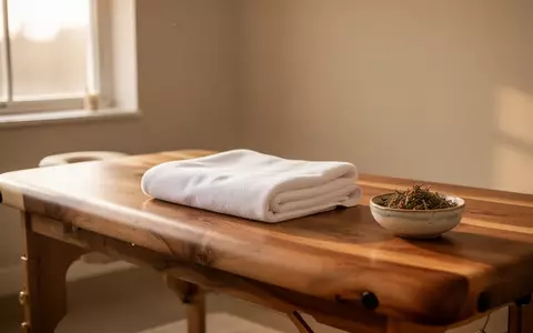 Ein minimalistisch eingerichteter Behandlungsraum mit einer hölzernen Massageliege, weichem Tageslicht und einem weißen Leinentuch. - Foto: über boerse-global.de
