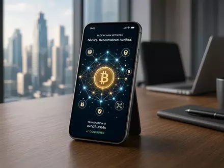 Ein Smartphone auf einem Schreibtisch zeigt abstrakt digitale Blockchain-Symbole vor einer verschwommenen Finanzmetropole. - Foto: über boerse-global.de