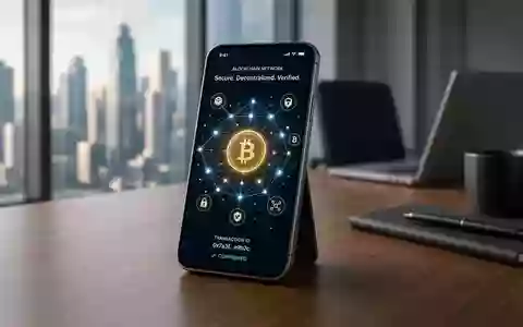 Ein Smartphone auf einem Schreibtisch zeigt abstrakt digitale Blockchain-Symbole vor einer verschwommenen Finanzmetropole. - Foto: über boerse-global.de