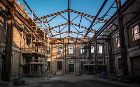 Rohbau eines ehemaligen Gewerbegebäudes bei der Umwandlung in Wohnraum mit Gerüsten und sichtbarer Stahlkonstruktion. - Foto: über boerse-global.de