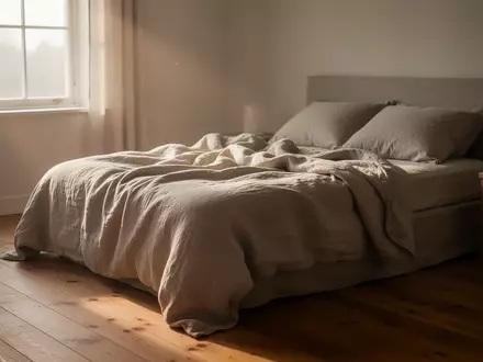 Ein minimalistisch eingerichtetes Schlafzimmer mit weichem Tageslicht, das durch ein Fenster auf ein ungemachtes Bett fällt. - Foto: über boerse-global.de