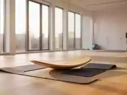 Heller, minimalistischer Therapieraum mit einem Balancebrett und Sportmatten auf einem hellen Holzboden. - Foto: über boerse-global.de