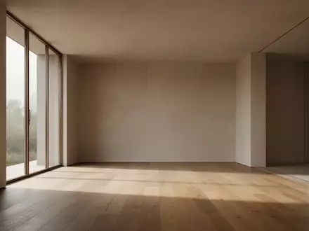 Minimalistischer, leerer Innenraum mit natürlichem Licht und Holzboden in einer modernen Architektur. - Foto: über boerse-global.de