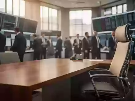 Blick auf das Frankfurter Börsenparkett mit unscharfen Personen im Hintergrund und einem leeren Arbeitsplatz. - Foto: über boerse-global.de