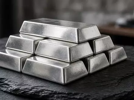 Glänzende Silberbarren auf einer dunklen Schieferplatte bei natürlichem Licht. - Foto: über boerse-global.de