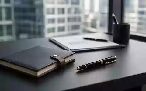Ein professioneller Schreibtisch mit einem Notizbuch und einem Füllfederhalter vor einem verschwommenen Bürogebäude. - Foto: über boerse-global.de