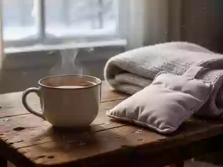 Eine dampfende Tasse Tee neben einer warmen Wolldecke und einem Wärmekissen auf einem Holztisch in einer ruhigen Umgebung. - Foto: über boerse-global.de