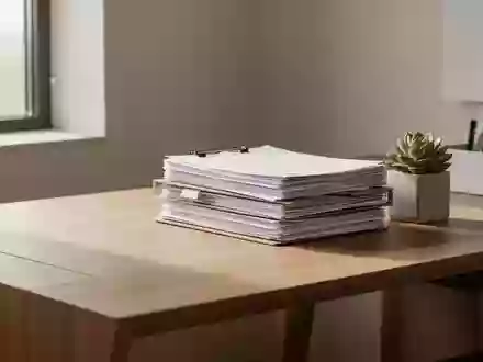 Ein aufgeräumter, minimalistischer Schreibtisch mit einem Stapel sortierter Akten und einer Pflanze im sanften Tageslicht. - Foto: über boerse-global.de