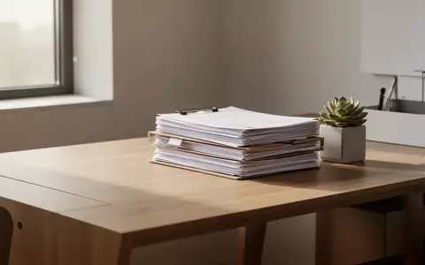 Ein aufgeräumter, minimalistischer Schreibtisch mit einem Stapel sortierter Akten und einer Pflanze im sanften Tageslicht. - Foto: über boerse-global.de