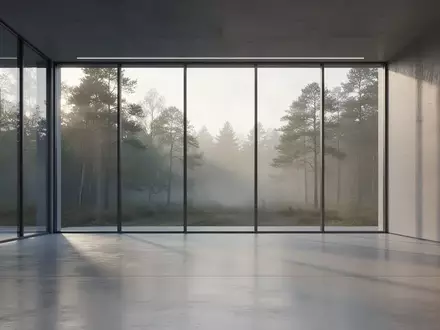 Ein minimalistischer, moderner Innenraum mit großen Fenstern und Blick auf einen nebligen Wald bei Tagesanbruch. - Foto: über boerse-global.de