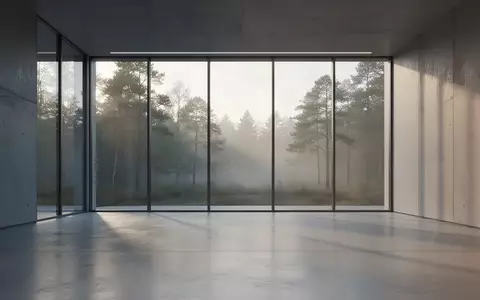 Ein minimalistischer, moderner Innenraum mit großen Fenstern und Blick auf einen nebligen Wald bei Tagesanbruch. - Foto: über boerse-global.de
