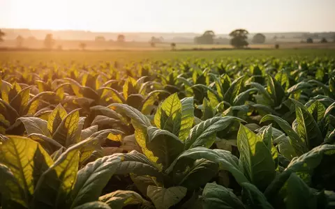 Ein weites Tabakfeld in der goldenen Abendsonne, das die landwirtschaftliche Herkunft der Tabakwaren symbolisiert. - Foto: über boerse-global.de