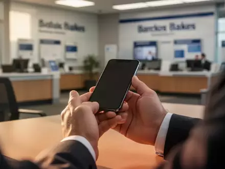 Nahaufnahme einer Person, die ein Smartphone in einem professionellen Bankbüro hält. - Foto: über boerse-global.de