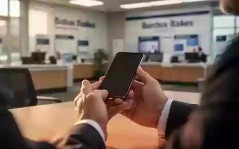 Nahaufnahme einer Person, die ein Smartphone in einem professionellen Bankbüro hält. - Foto: über boerse-global.de