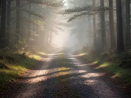 Ein ruhiger, von Morgennebel durchzogener Waldweg, der sich durch eine natürliche Landschaft schlängelt. - Foto: über boerse-global.de