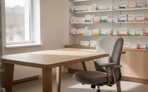 Ein minimalistischer Beratungsraum in einer Apotheke mit einem Holztisch und einem Stuhl bei natürlichem Lichteinfall. - Foto: über boerse-global.de