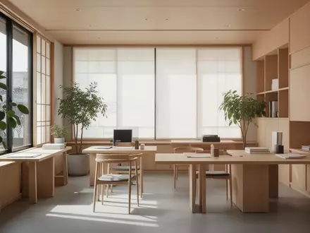 Ein minimalistisches, helles Büro in Japan mit Holzelementen und Pflanzen, das eine ruhige Arbeitsatmosphäre vermittelt. - Foto: über boerse-global.de