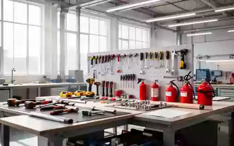 Ein aufgeräumter, heller industrieller Arbeitsplatz mit professionellen Werkzeugen und Sicherheitsausrüstung in einer modernen Werkstatt. - Foto: über boerse-global.de