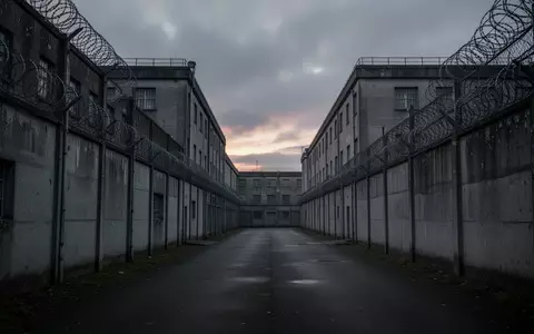 Ein düsterer Gefängnishof mit hohen Betonmauern und Stacheldraht unter einem bewölkten Himmel. - Foto: über boerse-global.de