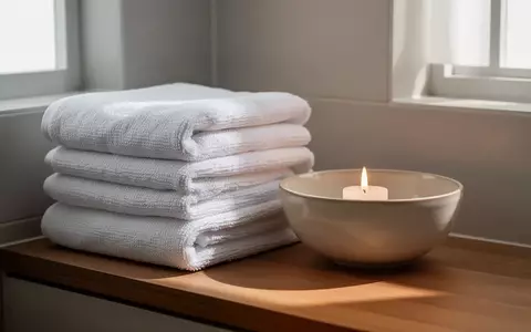 Ein minimalistisches, ruhiges Badezimmer mit gestapelten Handtüchern und einer brennenden Kerze auf einer Holzablage. - Foto: über boerse-global.de