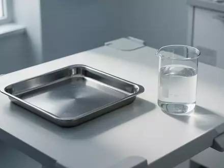 Ein minimalistischer, heller Behandlungsraum mit einer sterilen Edelstahlschale und einem Glasgefäß auf einer weißen Ablage. - Foto: über boerse-global.de