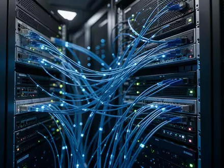 Modernes Serverraum-Infrastruktur mit blau leuchtenden Glasfaserkabeln und Server-Racks. - Foto: über boerse-global.de