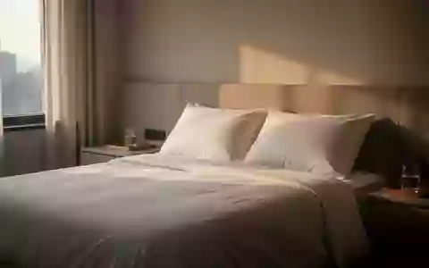 Ein minimalistisch eingerichtetes Schlafzimmer bei Tageslicht mit einem unbenutzten Bett und einem Nachttisch. - Foto: über boerse-global.de