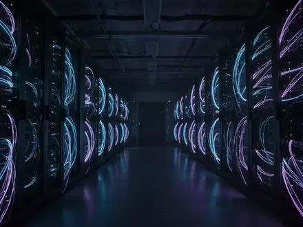 Dunkle, abstrakt beleuchtete Serverinfrastruktur mit blauen Lichtleitern, die die digitale Vernetzung symbolisiert. - Foto: über boerse-global.de