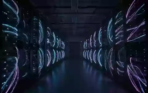 Dunkle, abstrakt beleuchtete Serverinfrastruktur mit blauen Lichtleitern, die die digitale Vernetzung symbolisiert. - Foto: über boerse-global.de