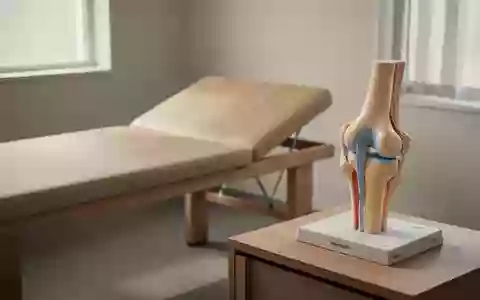 Ein anatomisches Modell eines menschlichen Kniegelenks auf einem Beistelltisch in einer hellen, ruhigen Arztpraxis. - Foto: über boerse-global.de