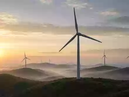 Moderne Windkraftanlagen in einer Landschaft bei Sonnenaufgang. - Foto: über boerse-global.de