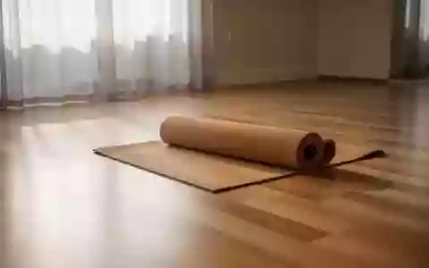 Ein minimalistischer, heller Yoga-Raum mit einer einzelnen Kork-Yogamatte auf einem Holzboden in natürlichem Licht. - Foto: über boerse-global.de