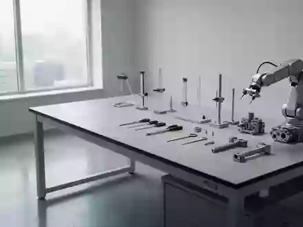 Ein minimalistischer, heller Laborarbeitsplatz mit präzisen mechanischen Bauteilen auf einer sauberen Werkbank. - Foto: über boerse-global.de