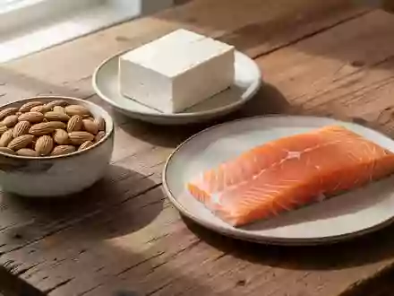 Eine Auswahl an gesunden Lebensmitteln wie Mandeln, Tofu und Lachs auf einem Holztisch bei natürlichem Licht. - Foto: über boerse-global.de