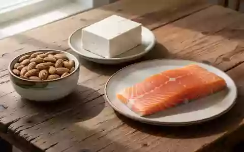 Eine Auswahl an gesunden Lebensmitteln wie Mandeln, Tofu und Lachs auf einem Holztisch bei natürlichem Licht. - Foto: über boerse-global.de