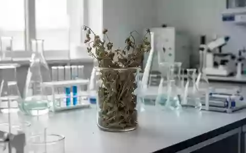 Ein steriler Labortisch mit Glasbechern und getrockneten Pflanzenproben in einer medizinischen Umgebung. - Foto: über boerse-global.de