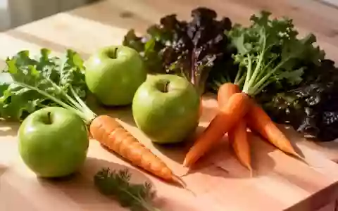 Nahaufnahme von frischem Obst und Gemüse auf einer hölzernen Arbeitsfläche bei natürlichem Licht. - Foto: über boerse-global.de