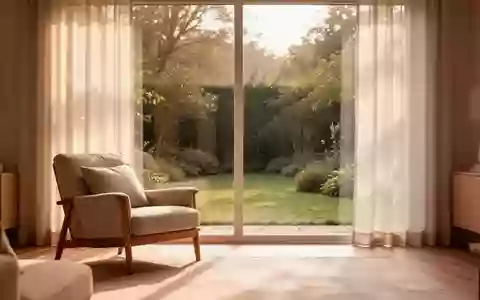 Ein sonnendurchflutetes Wohnzimmer mit einem bequemen Sessel vor einem Fenster, das auf einen ruhigen Garten blickt. - Foto: ĂĽber boerse-global.de
