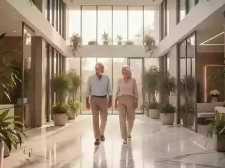 Ein älteres Paar in einem modernen, hellen Wellness-Klinik-Atrium in der Türkei. - Foto: über boerse-global.de