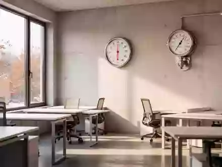 Ein leeres, modernes Büro mit einem Wandthermometer, das die kühle Raumtemperatur verdeutlicht. - Foto: über boerse-global.de
